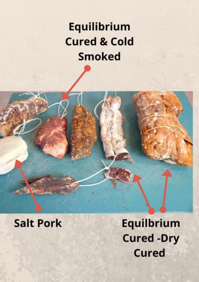 An assortment of cured and cold-smoked meats displayed on a blue surface, labeled to differentiate between salt pork and various types of equilibrium-cured meats, some dry and others not specified. Learn how to