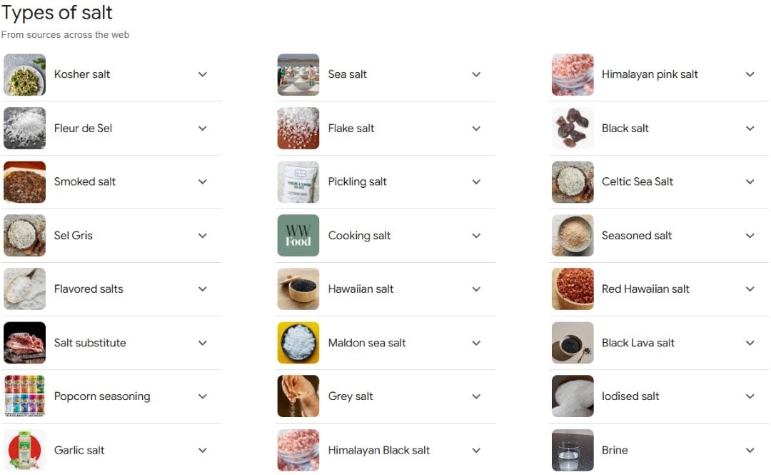 Many different types of salt, pictures and label for many.