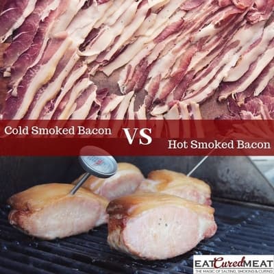 Side-by-side comparison of Cold Smoked Bacon slices versus Hot Smoked Bacon on a grill, showcasing different smoking techniques.