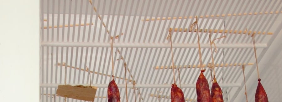 Cured sausages hanging to dry in a curing chamber against a white background, showcasing a traditional method of meat preservation.