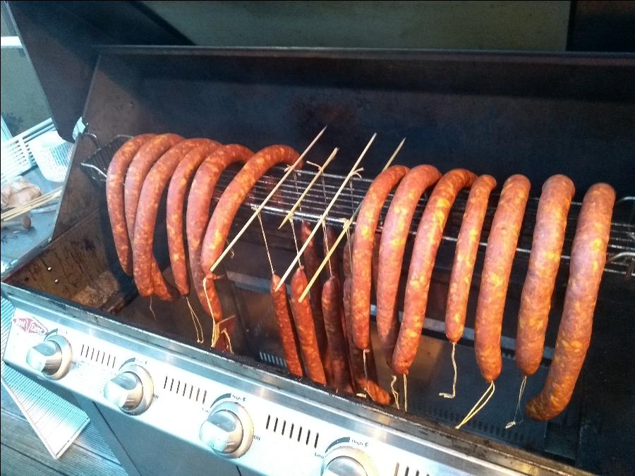 Cold smoking salami with pellet tube on gas grill