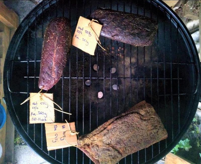 Cold Smoking beef on a kettle grill with a pellet tube smoker.