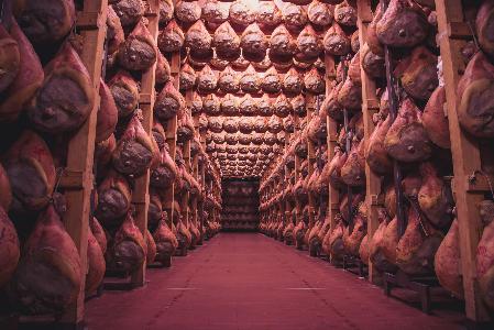 Aged to perfection: rows of hanging hams cure in a traditional meat aging cellar.