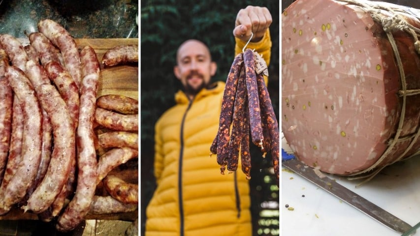 A triptych of meat delicacies: freshly grilled sausages on the left, a person holding a pair of cured sausages in the center with salami making equipment nearby, and a