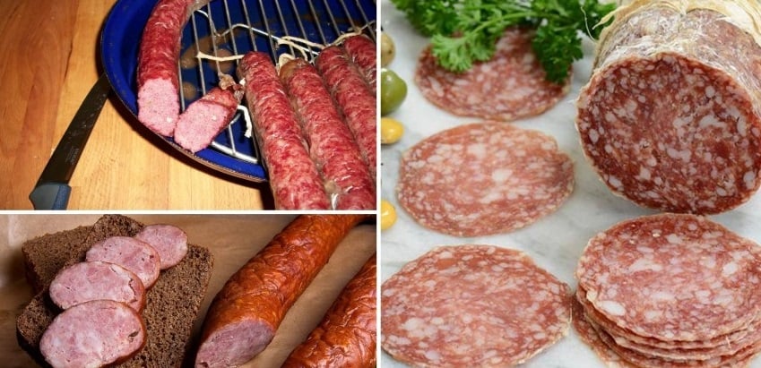 Comparison of hot smoked cooked salami on the left cut in half. On the right, dry cured salami sliced also.