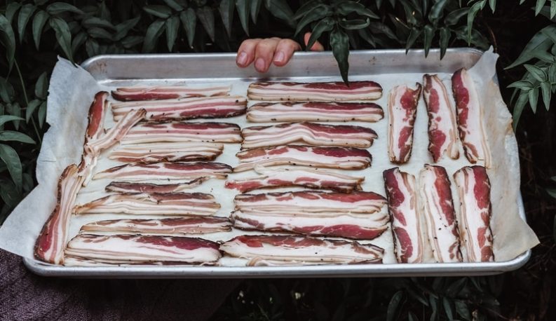 A tray of uncooked bacon slices, representing every bacon style, being held by a person amidst lush green foliage.