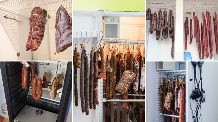 Various cuts of meat curing in a meat curing chamber, displayed in different designs to showcase the stages of meat preservation.