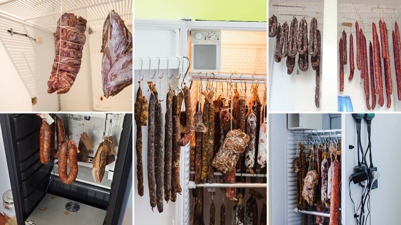 Various cuts of meat curing in a meat curing chamber, displayed in different designs to showcase the stages of meat preservation.