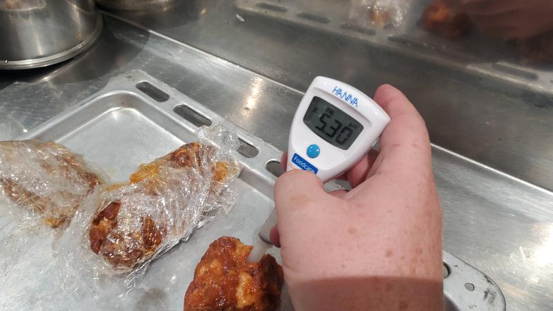 A person using a digital food thermometer to check the temperature of meat in a kitchen setting.