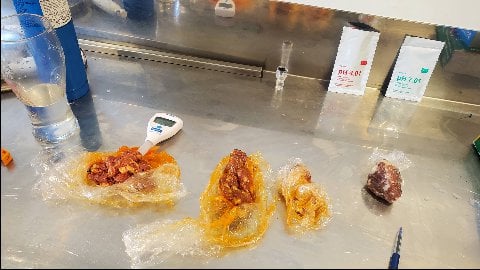 A laboratory bench with experimental samples and a digital thermometer, possibly showcasing a food science experiment or a chemical analysis involving crystalline substances that resemble amber.