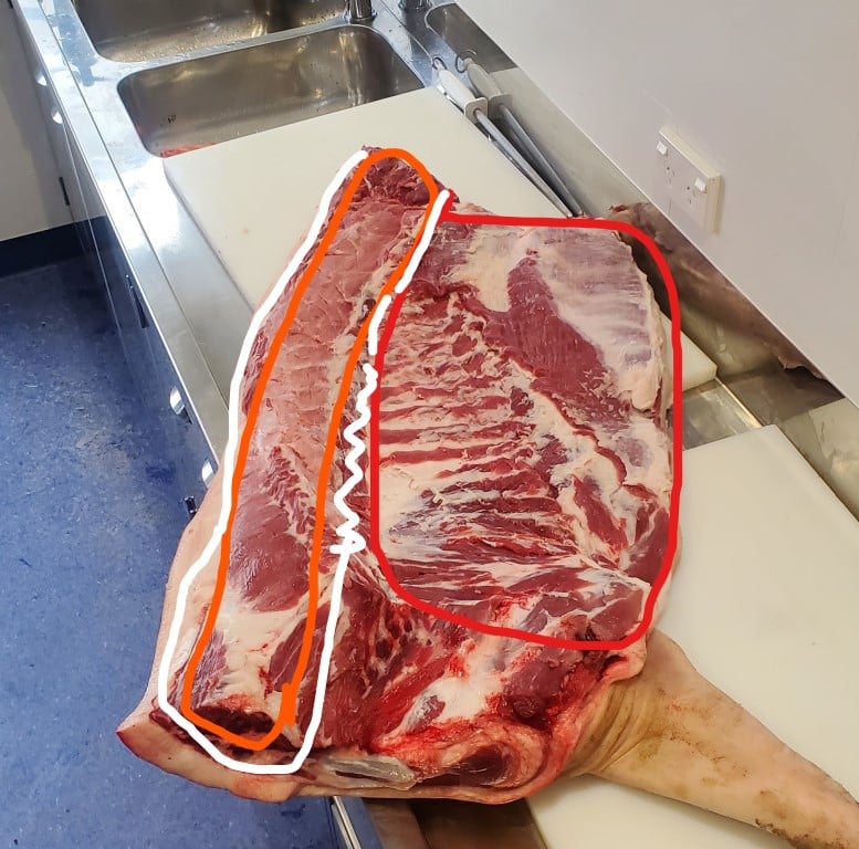 A large raw cut of beef resting on a countertop next to a commercial kitchen sink, with digital markings on the surface indicating different sections or cuts for curing.