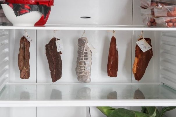 Various cured meats hanging in a domestic refrigerator, showcasing an assortment of flavors and types.