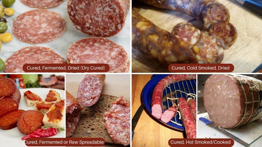 a collage of different types of sausages and salamis showcasing the cooked, spreadable ,emulsified and dry cured styles.