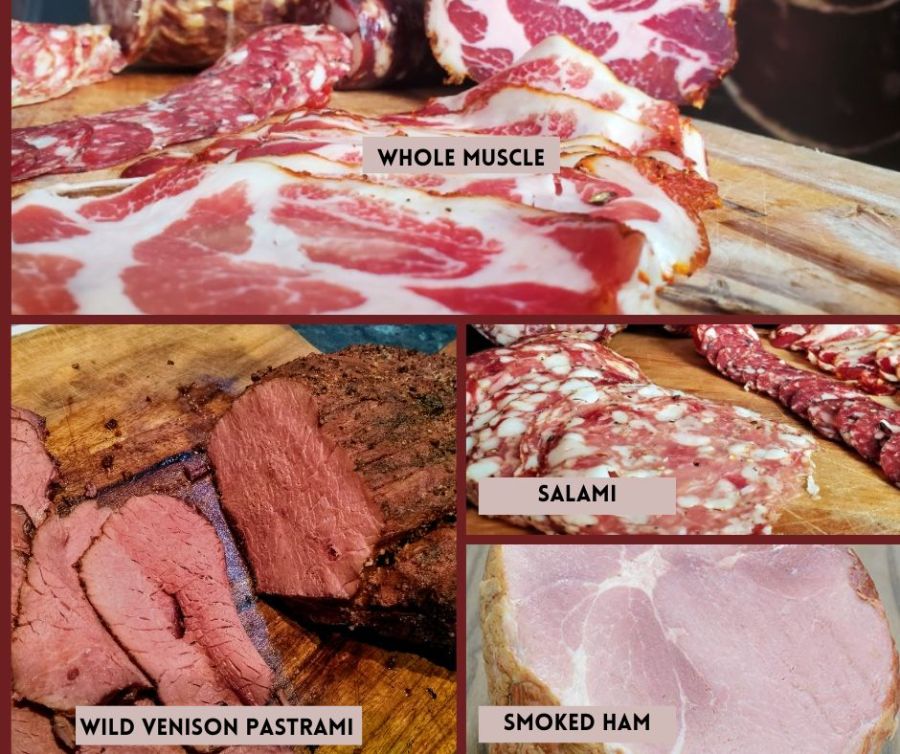 A collage of various store cured meats, including whole muscle cuts, salami, wild venison pastrami, and smoked ham, showcasing the rich variety and artistry of charcuterie.