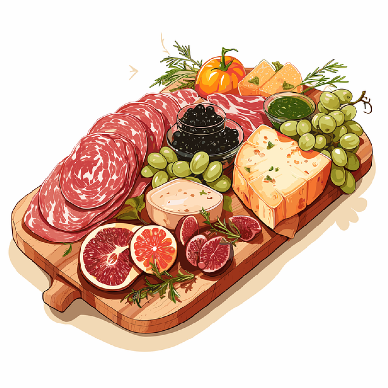 A delectable charcuterie board featuring an assortment of sliced salami, fresh figs, green grapes, a variety of cheeses, garnished with rosemary sprigs and a small bowl of