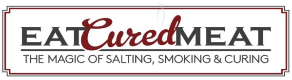 EAT CURED MEAT's brand logo, showcasing the tagline 'The Magic of Salting, Smoking & Curing,' features 'Cured' in red script and the rest in black serif font. The entire logo is framed with a red and black border, perfectly capturing the essence of Eat Cured Meat.