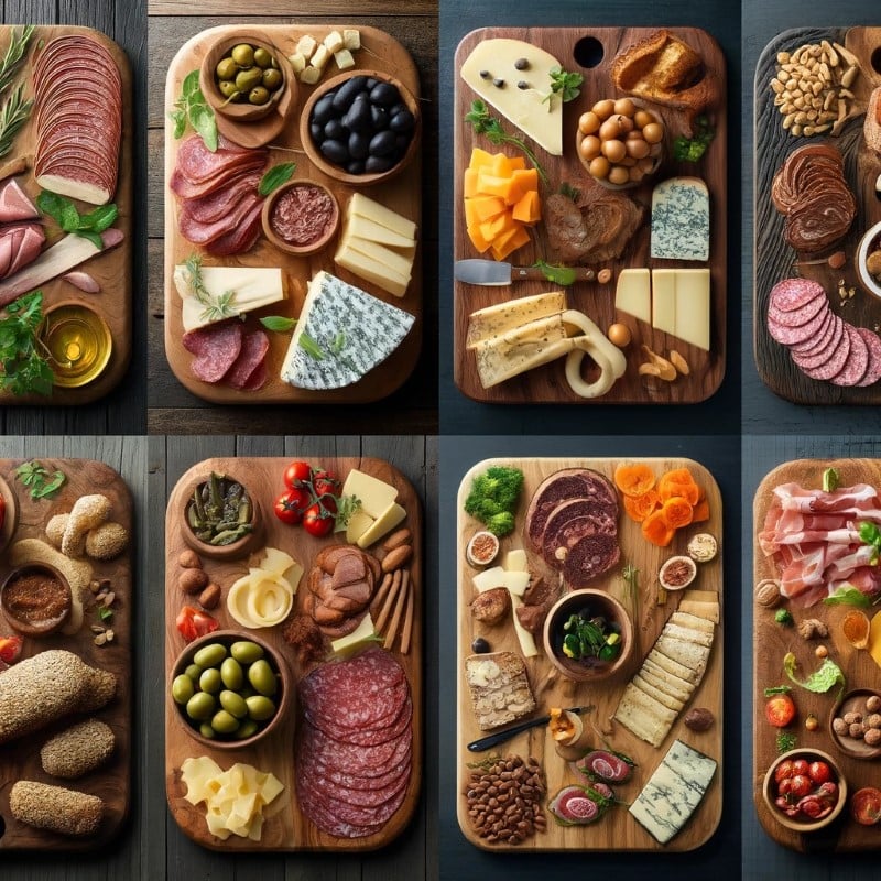 Selection of charcuterie boards with different wood types. Created by A.I prompts.