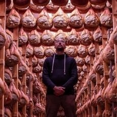 A person standing contemplatively beneath rows of hanging cured hams in a traditional dry-curing room.