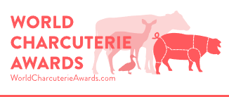 Logo for the World Charcuterie Awards featuring silhouettes of a cow, deer, duck, and pig with text “World Charcuterie Awards” and “WorldCharcuterieAwards.com” in red font on a white background that celebrates the finest cured meats.