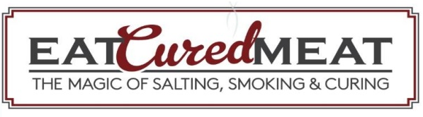 Brand logo featuring "EAT Cured Meat" in bold font, with "Cured" in red cursive. Below, smaller text reads "THE MAGIC OF SALTING, SMOKING & CURING." The text is framed by a thin rectangular border.